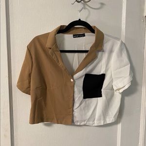 Patch Pocket Colorblock Crop Blouse